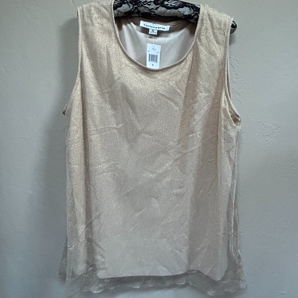 New Caroline Rose Womens Large Twinkle Metallic Shimmer Lined Mesh Tank Top Gold